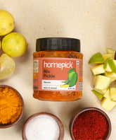 Homepick's Mix Pickle is made with chillies, raw mangoes, lemon and premium quality spices.