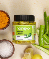 Homepicks pickled chillies are spicy and tangy adding crunch and spice to your meals.