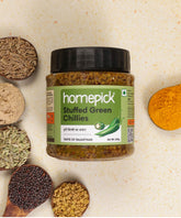 Homepick's Jar of 'Stuffed Green Chillies' ready for serving at dinner