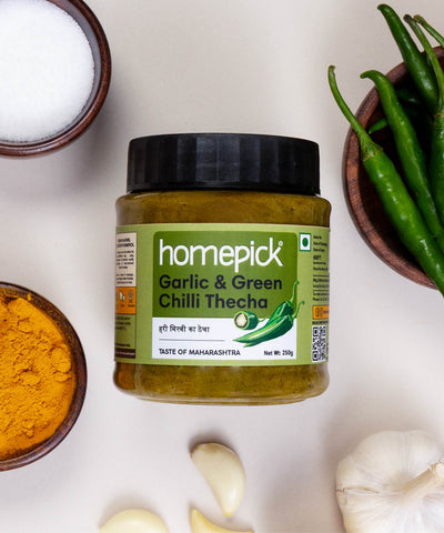 Fiery Maharasthrian chutney made using hand roasted garlic and green chillies 
