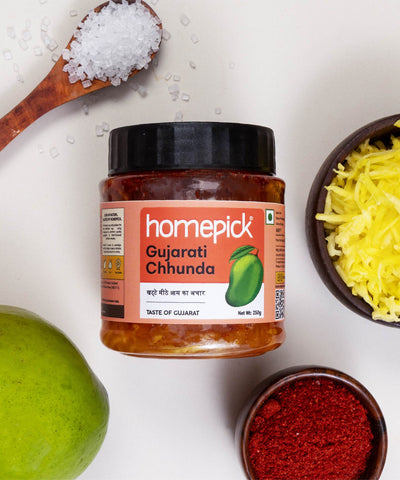 Jar of 'homepick Gujarati Chhunda' with ingredients on a white background