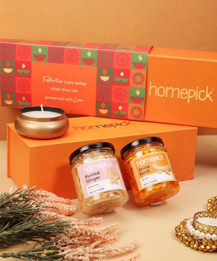 Homepick branded gift set with jars, a candle, and decorative items 